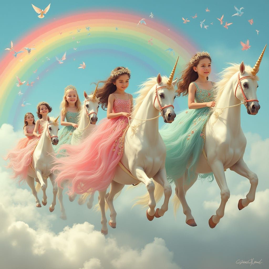 Girls Riding Majestic Unicorns in a Whimsical Fantasy Landsc...