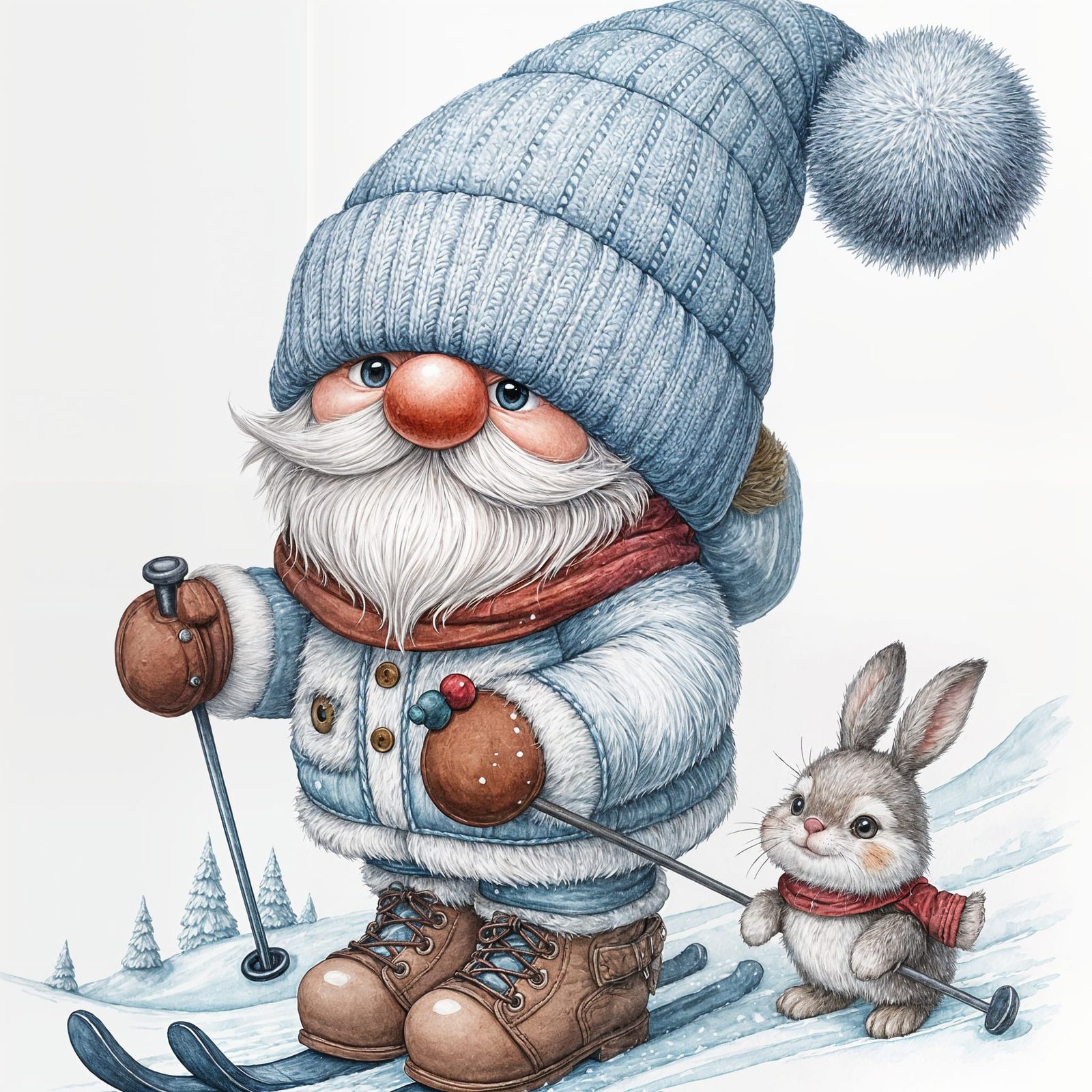 Gnome and Bunny Skiing: Watercolor Line-Drawing
