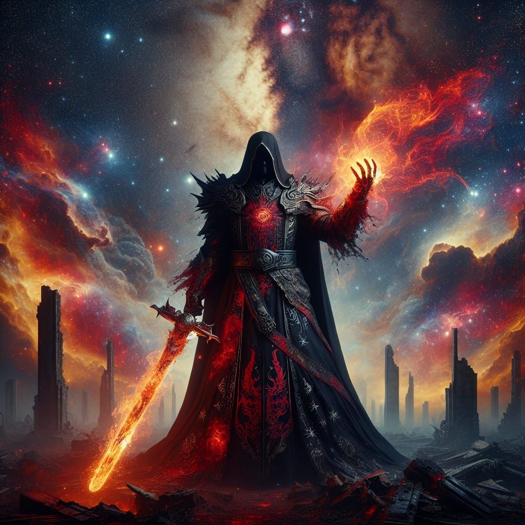 Cosmic Warrior Unleashes Power Amidst Stellar Ruins