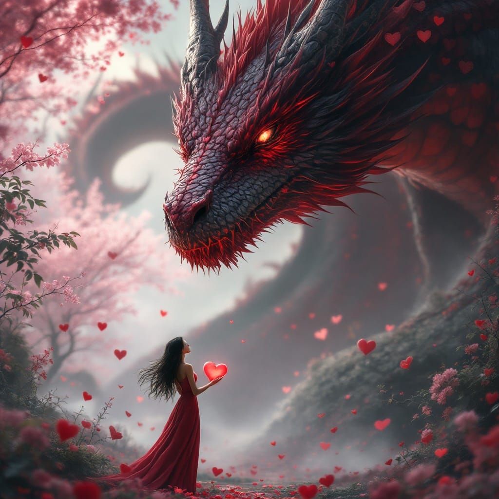 Latin Goddess Embracing Majestic Dragon in Valentine's Day F...