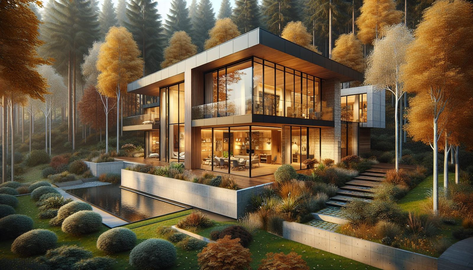 Modern House in Autumn Forest Landscape