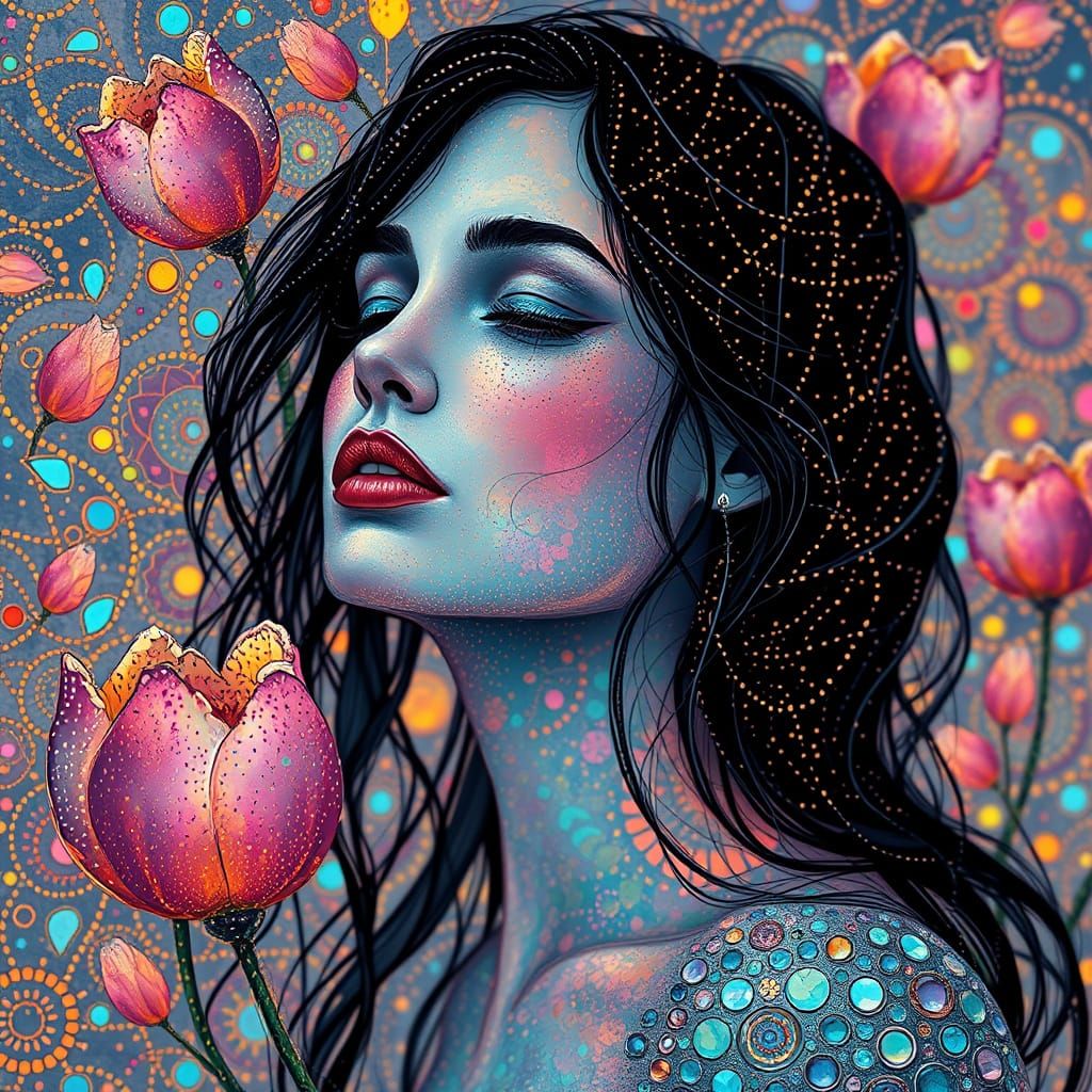Whimsical Goddess of Iridescent Opal and Crystal Tulips