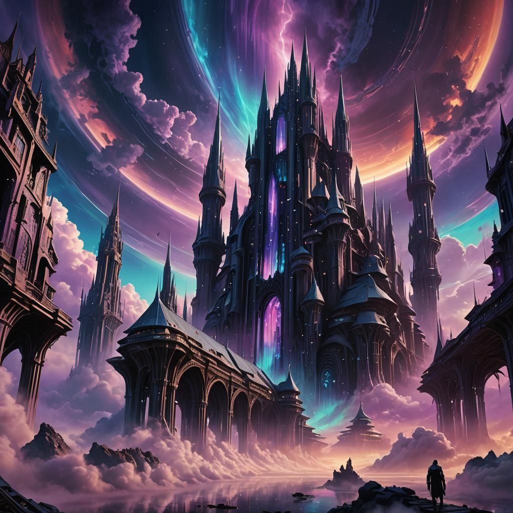 Futuristic Medieval City in Aurora Borealis