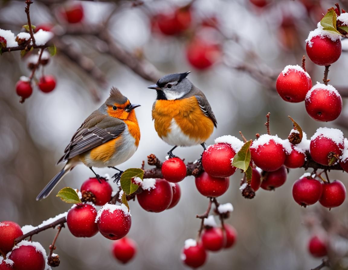 Robin and Titmouse on Apple Tree Branch