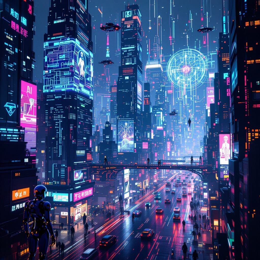 Futuristic Neon Cityscape with Holographic AI Interfaces