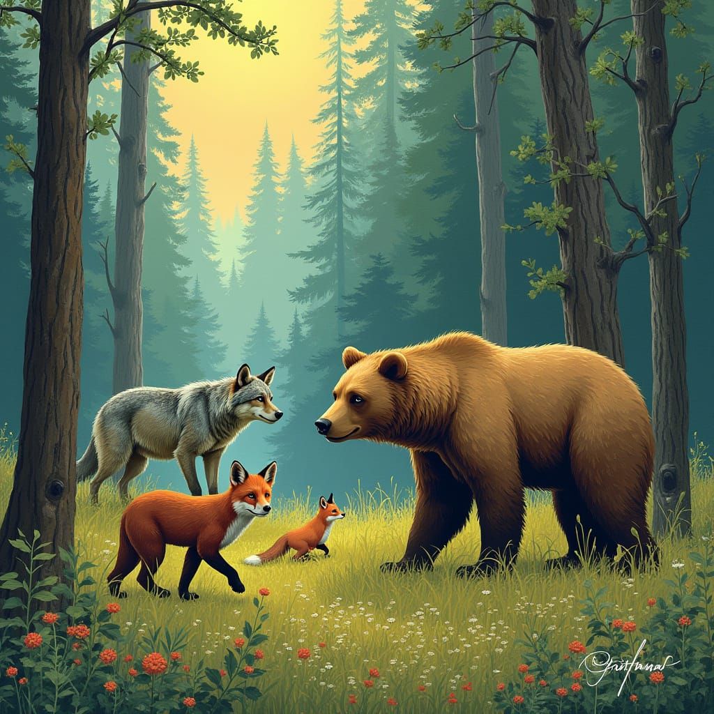 Wildlife Scene: Bears, Foxes, Wolves in Lush Forest