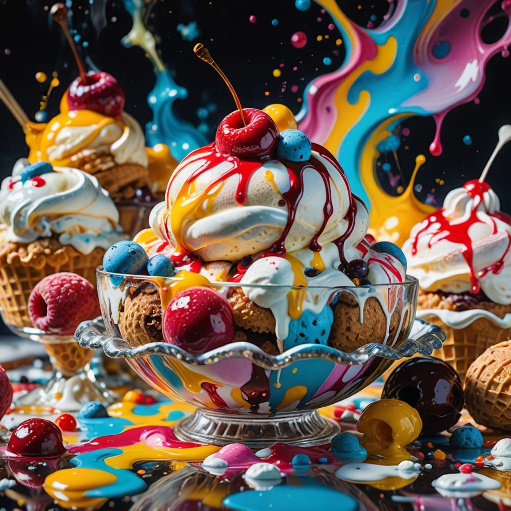Impressionistic Ice Cream Sundae: A Macro Oil Painting