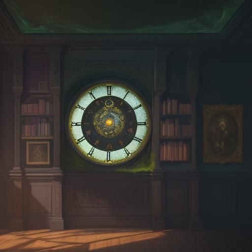 Dramatic Dreamscape: Clock and Books in Dark Room