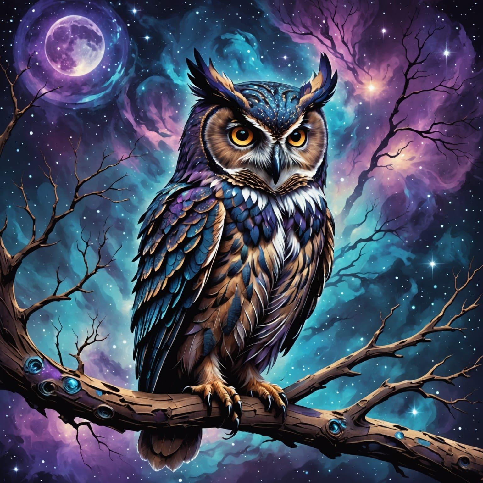 Cosmic Owl on Ancient Branch in Nebula