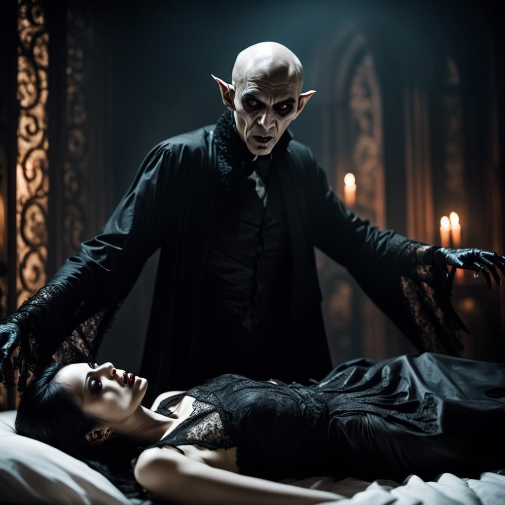 Dark gothic horror movie scene, Male Nosferatu vampire attacking 18yo  Indonesian girl in torn gothic lace on the bed, g...