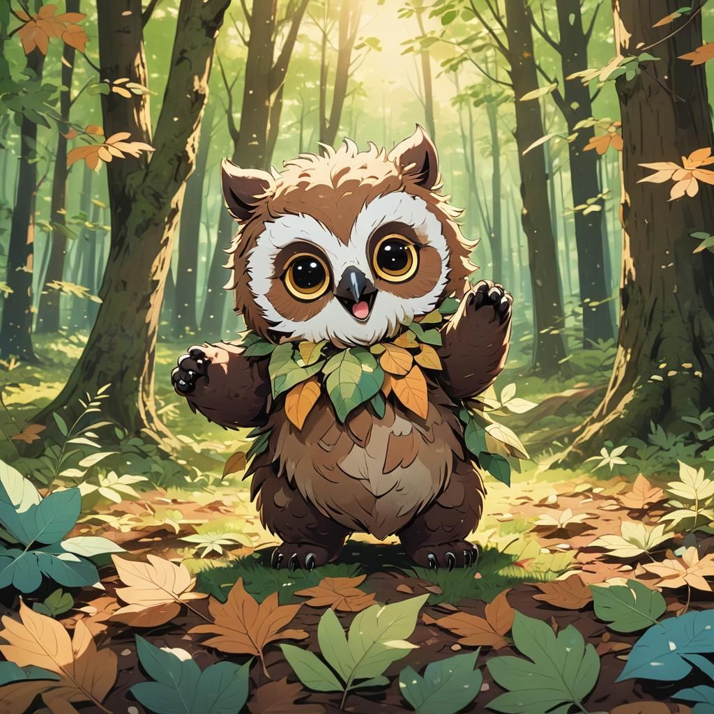 Adorable Owlbear Cub in Sunlit Anime Forest
