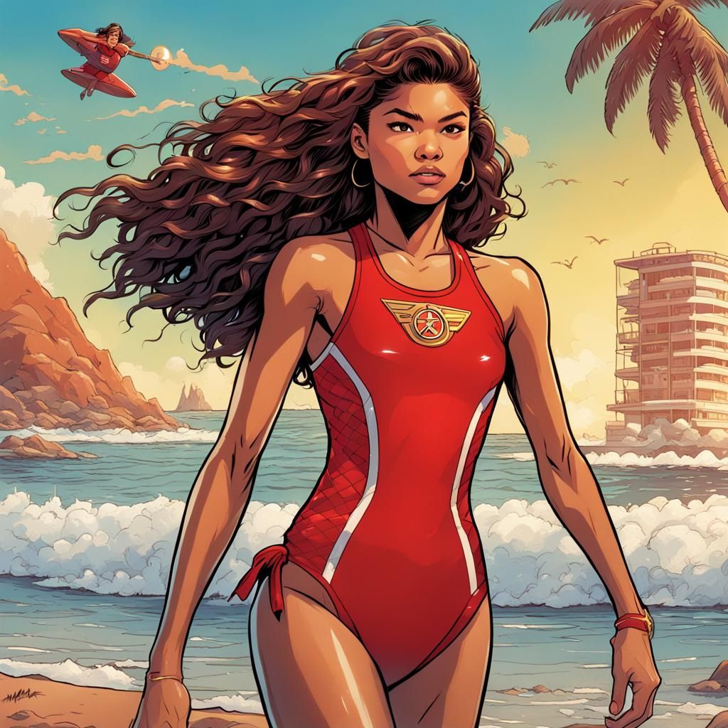 Zendaya in Red Swimsuit: Comic Book Art