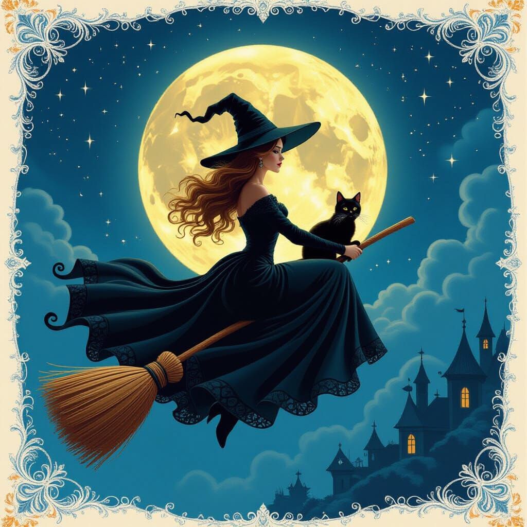 Witch Flying on Broomstick Under Full Moon