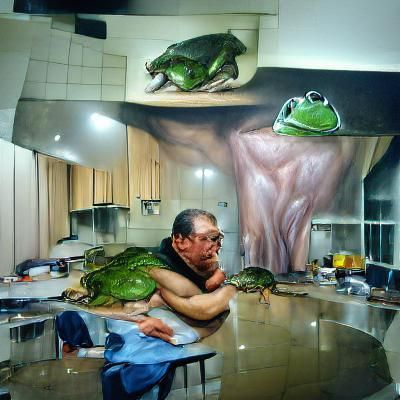 Giant Frog Eats Man in Dim Kitchen: Hyperrealism