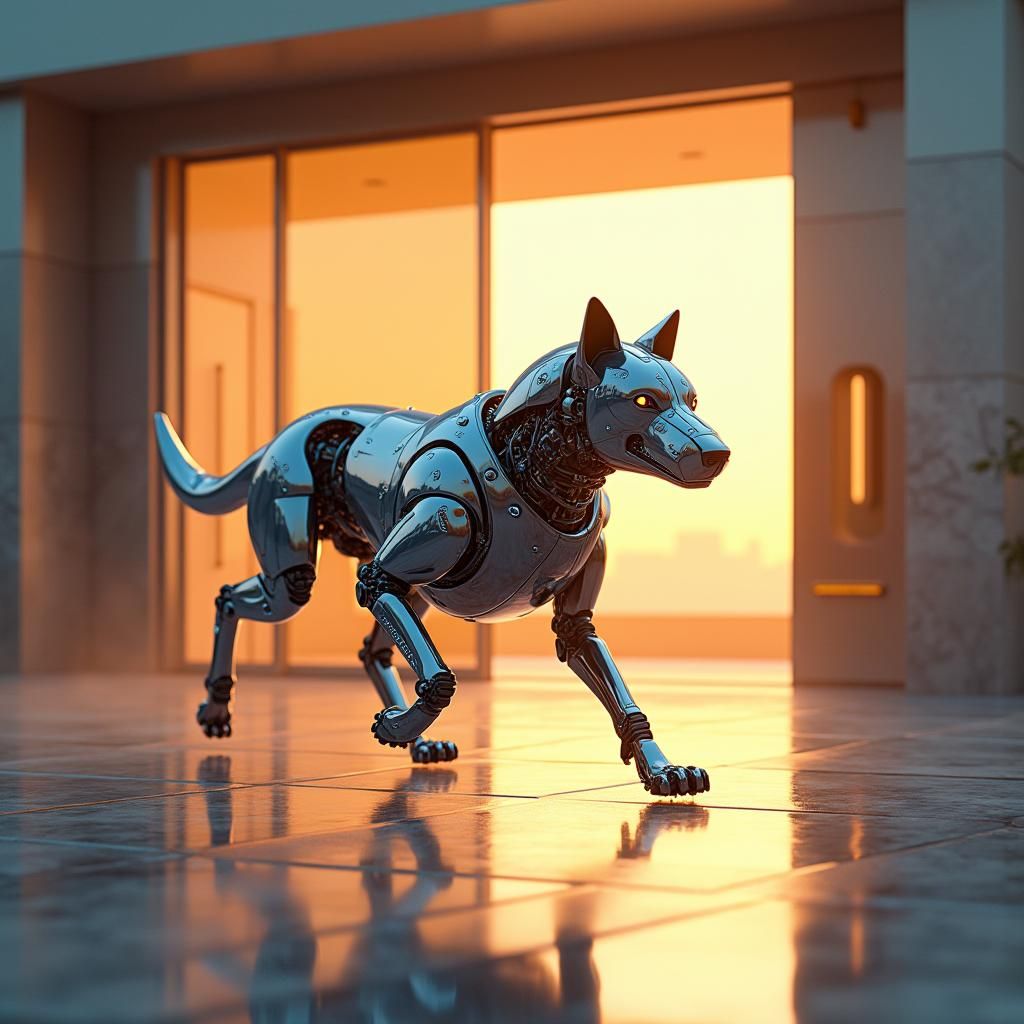 Futuristic Robot Dog Sprints Toward High-Tech Building
