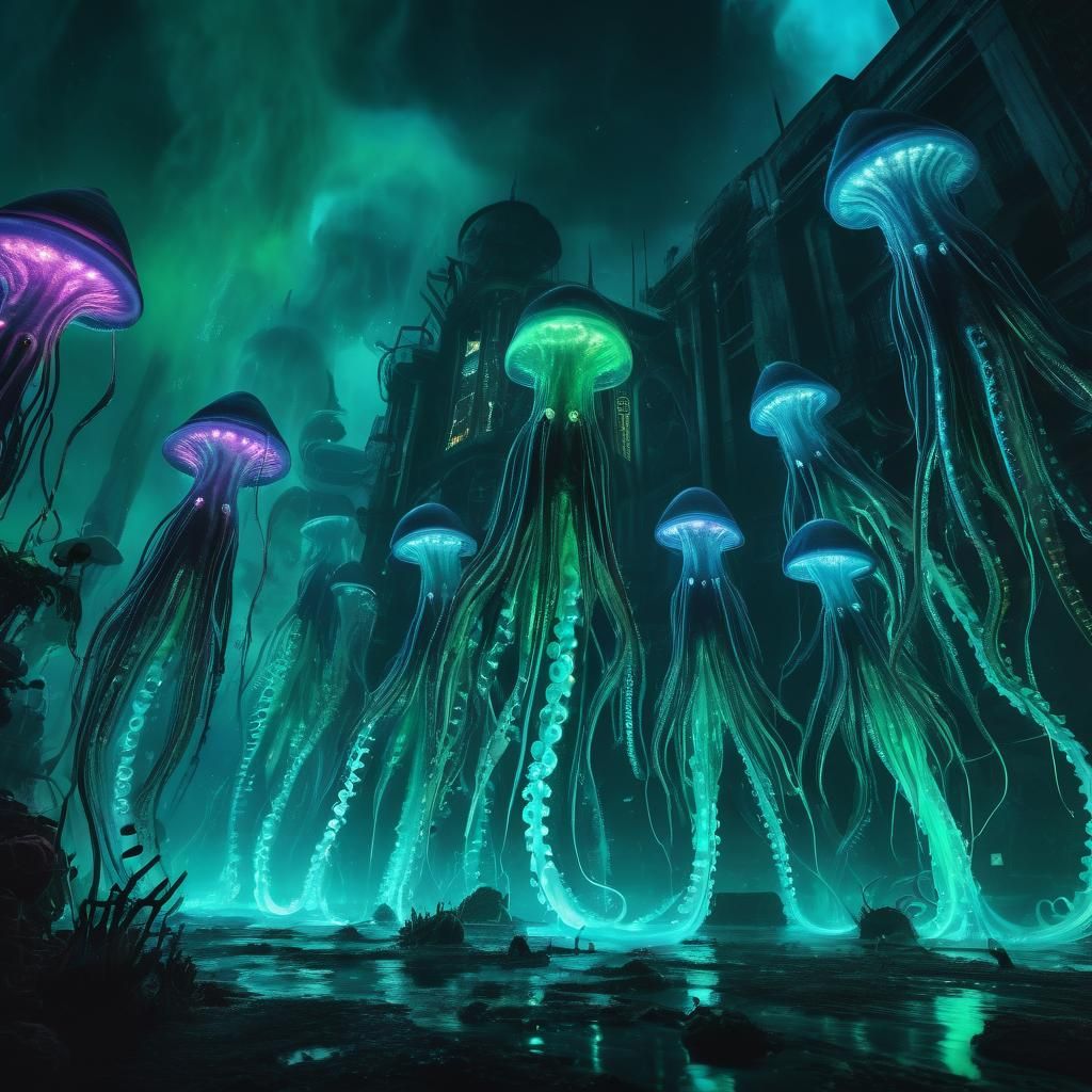 Bioluminescent Alien Squid Soldiers in Underwater City