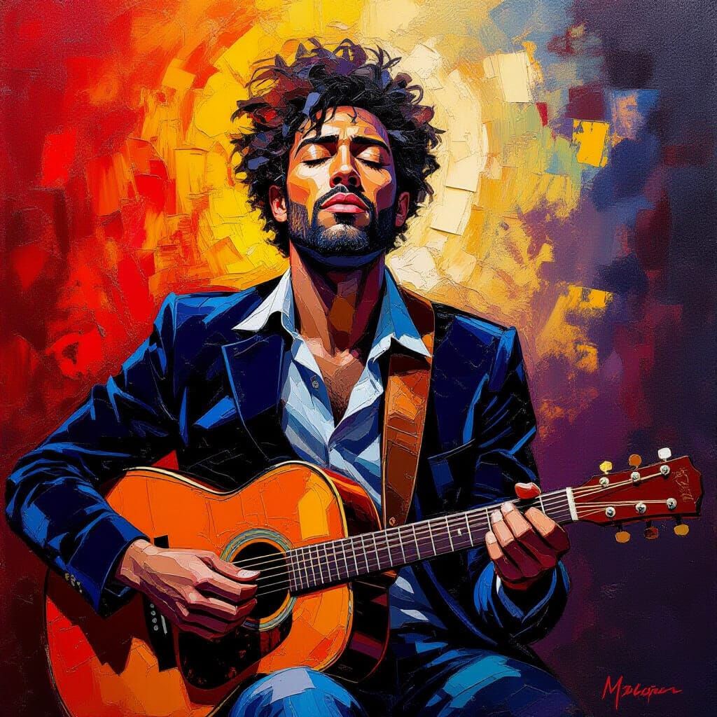 Luminous Impasto Painting of Blues Guitarist