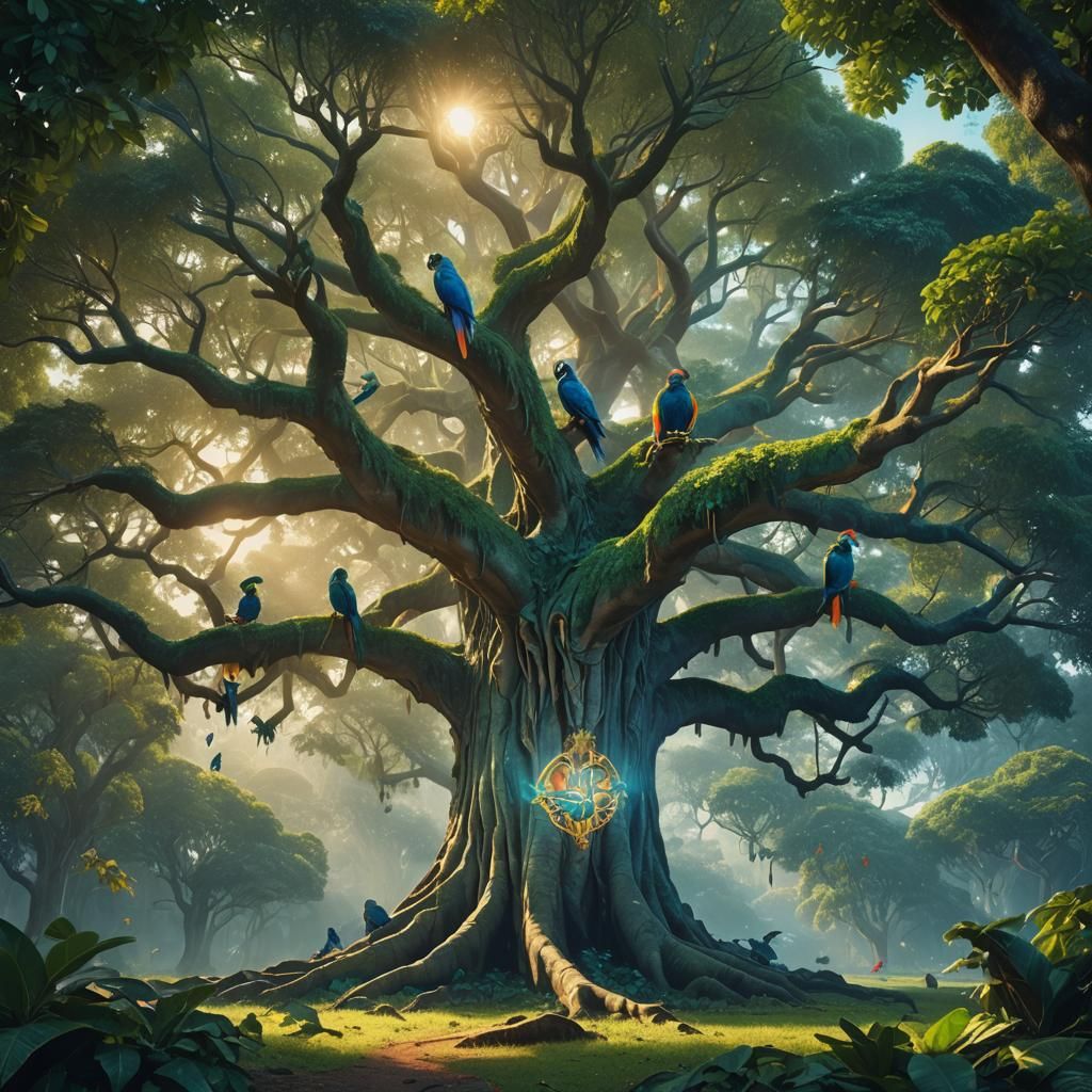 Banyan Tree with Parrots in Vibrant Oil Painting