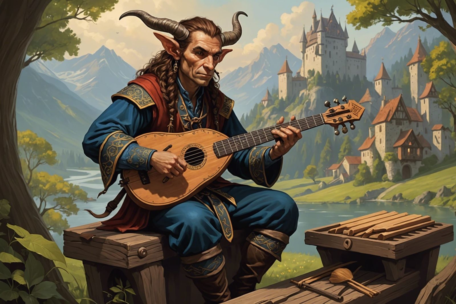 Tiefling Bard Plays Dulcimer in Fantasy Art