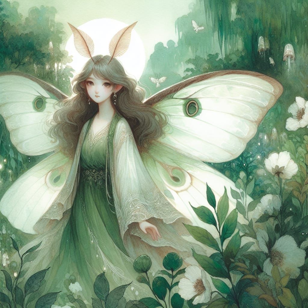 Luna Moth Fairy in Lush Landscape, Digital Art