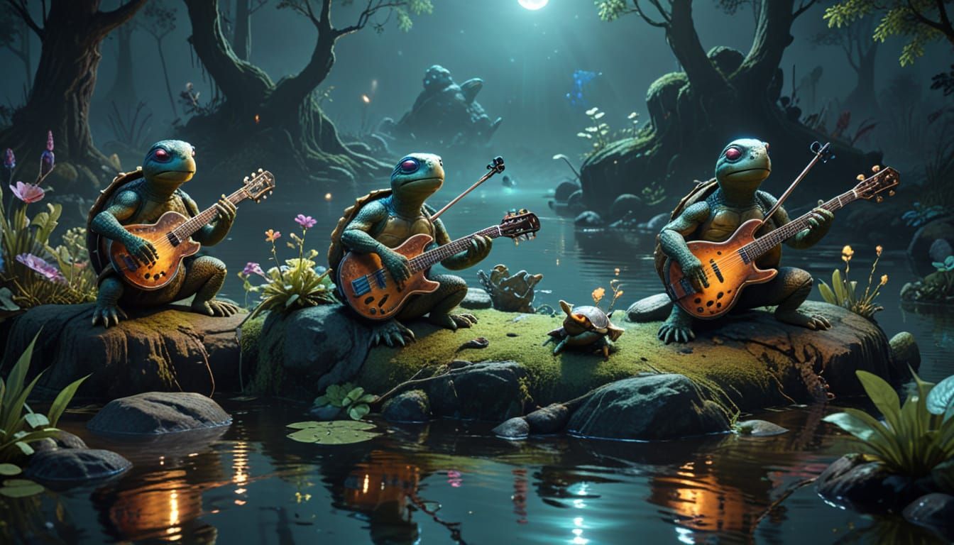 Bioluminescent Turtles Rock Concert at Night