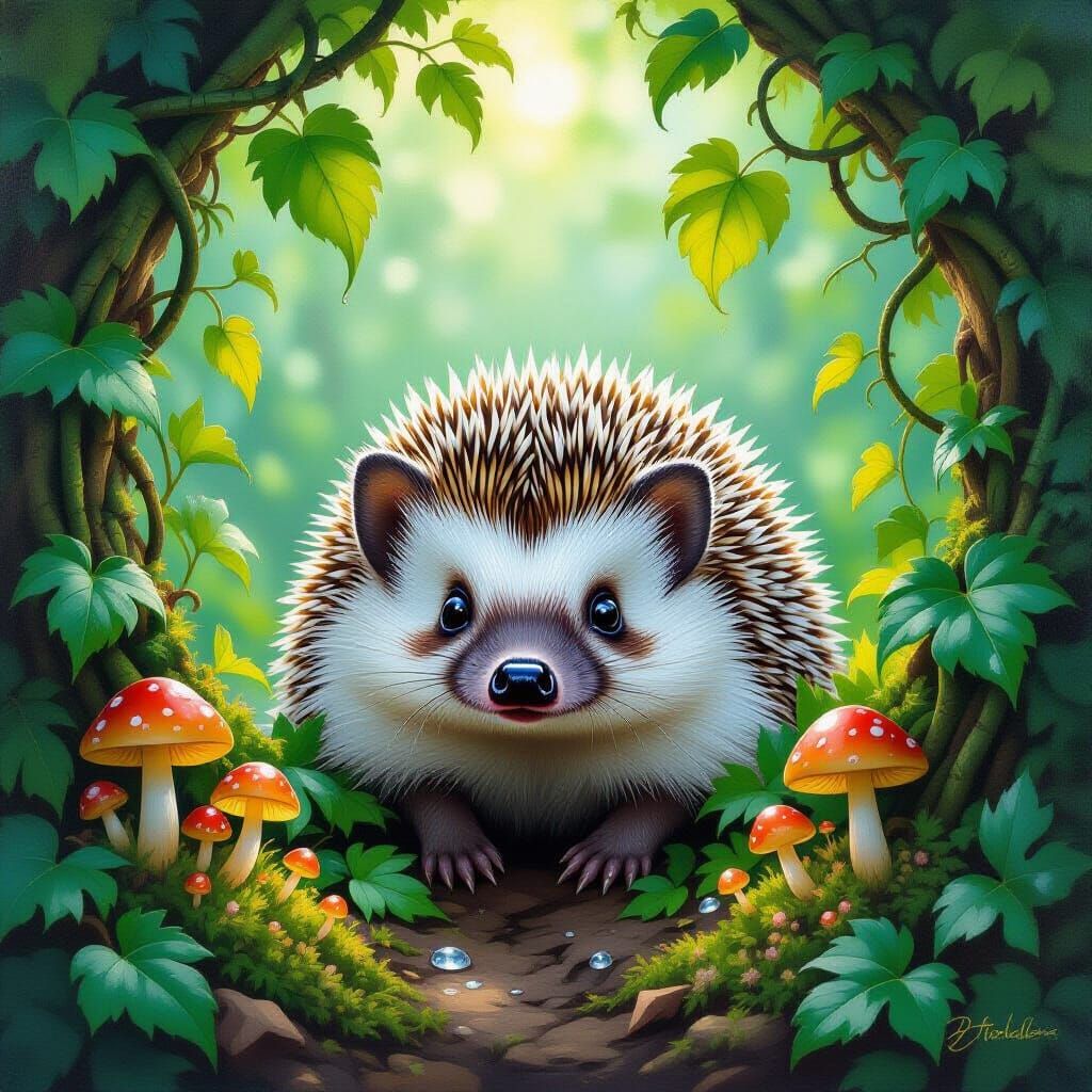 Whimsical Hedgehog in Enchanted Forest Oil Painting
