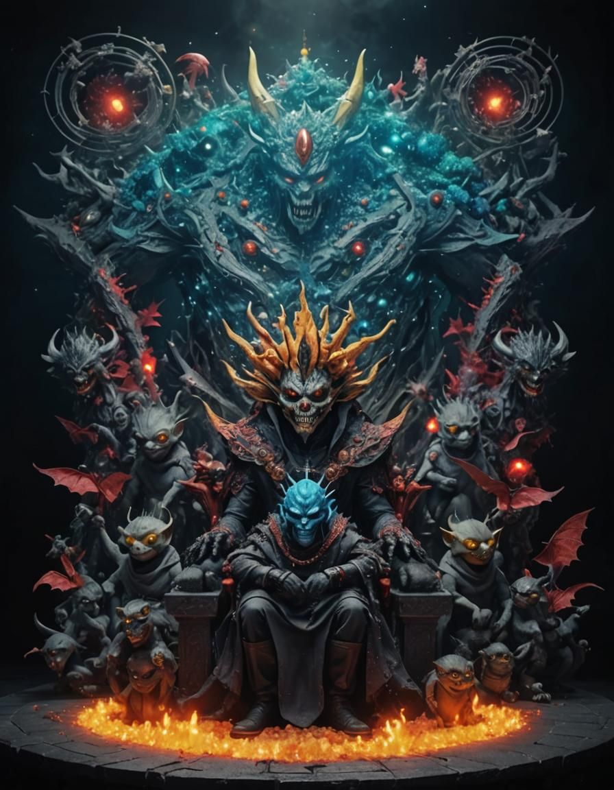 Demon King on Cosmic Altar in Surreal Digital Art