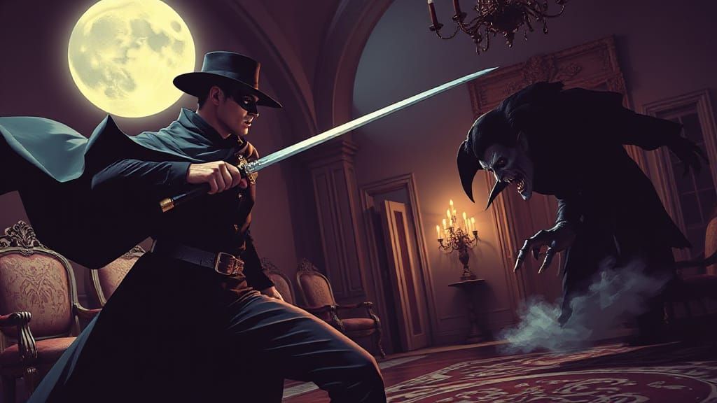 Zorro Battles Nosferatu in Moonlit Ballroom