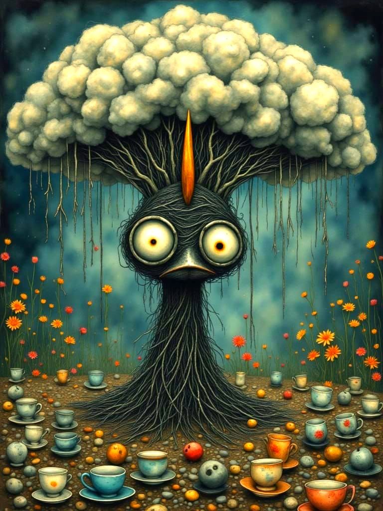 Whimsical Yarn Creature Knitting a Storm Cloud in Surreal La...