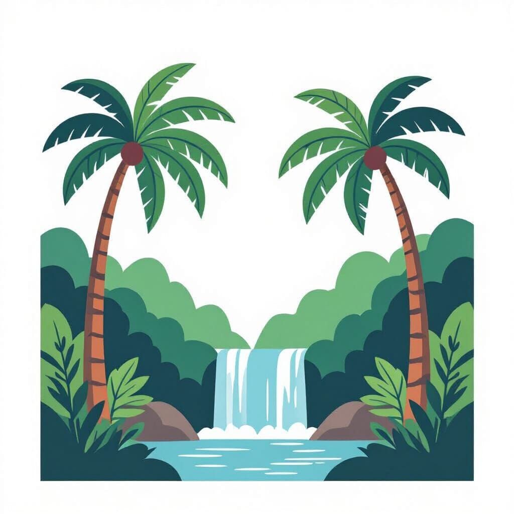 Tropical Waterfall Icon with Palm Trees in Minimalist Style