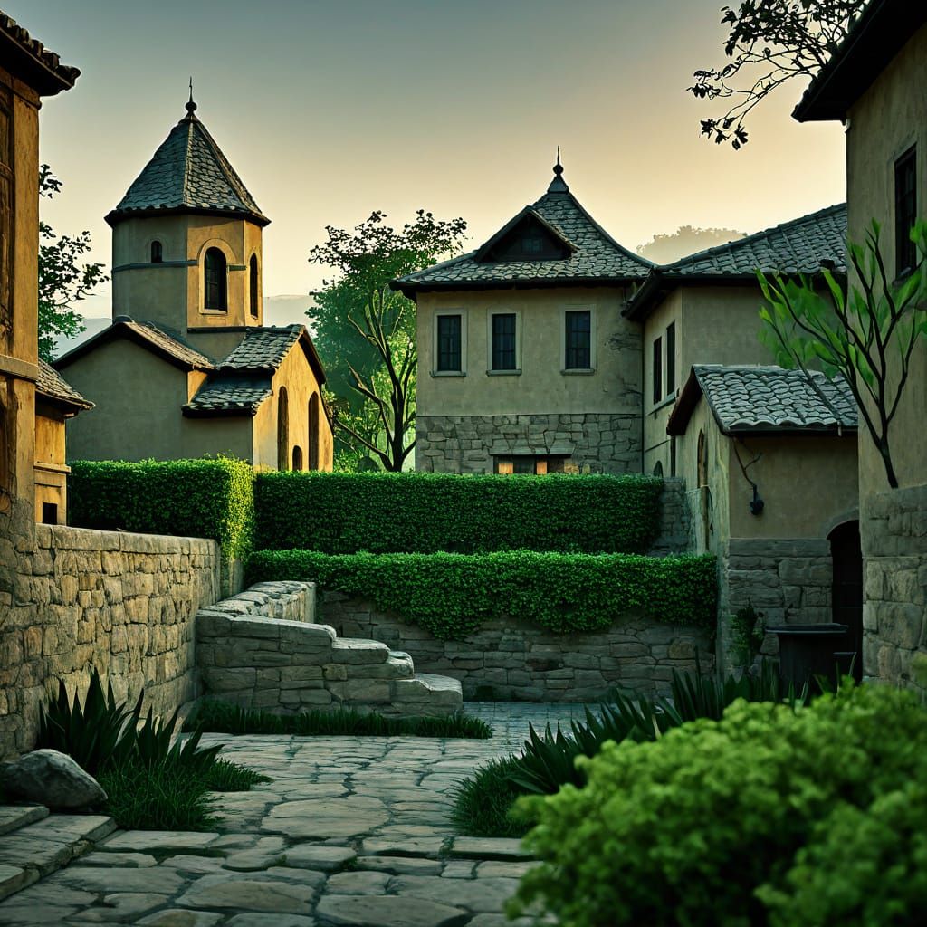 Tranquil Courtyard Scene in Earthy Tones