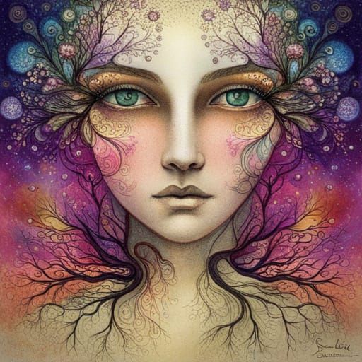 Symmetrical Eyes Reflecting Nature in Illustrative Style