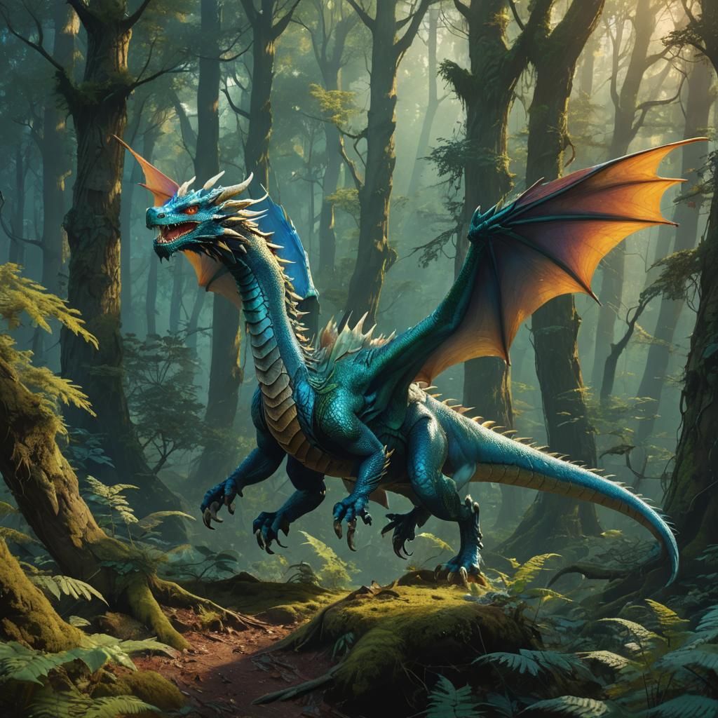Iridescent Dragon Soaring Through Mystical Forest