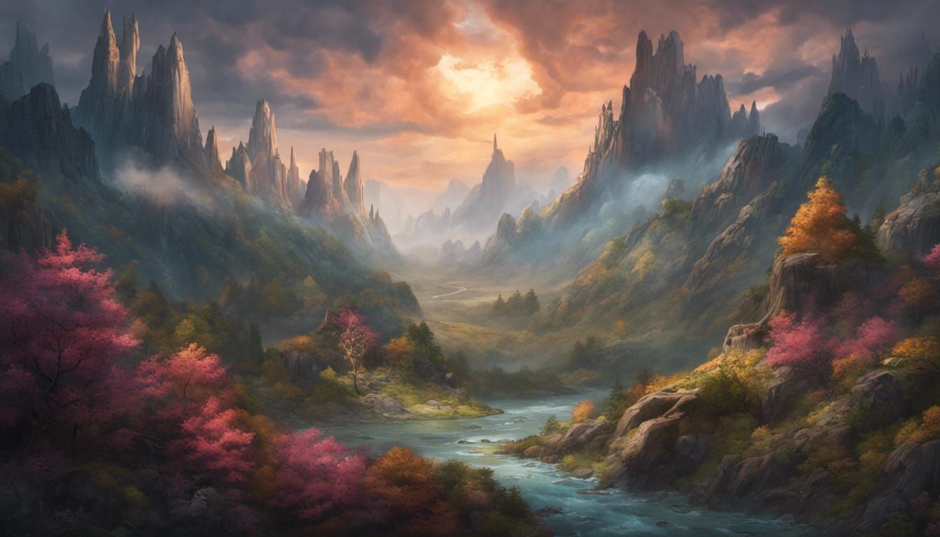 Spectacular Mountain Landscape Painting at Sunrise