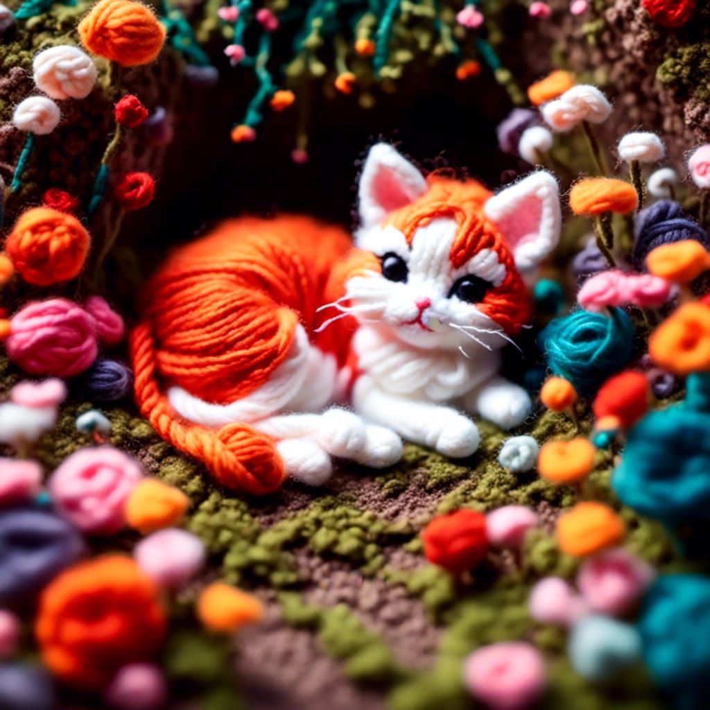 Adorable Yarn Chibi Cat Napping in Garden