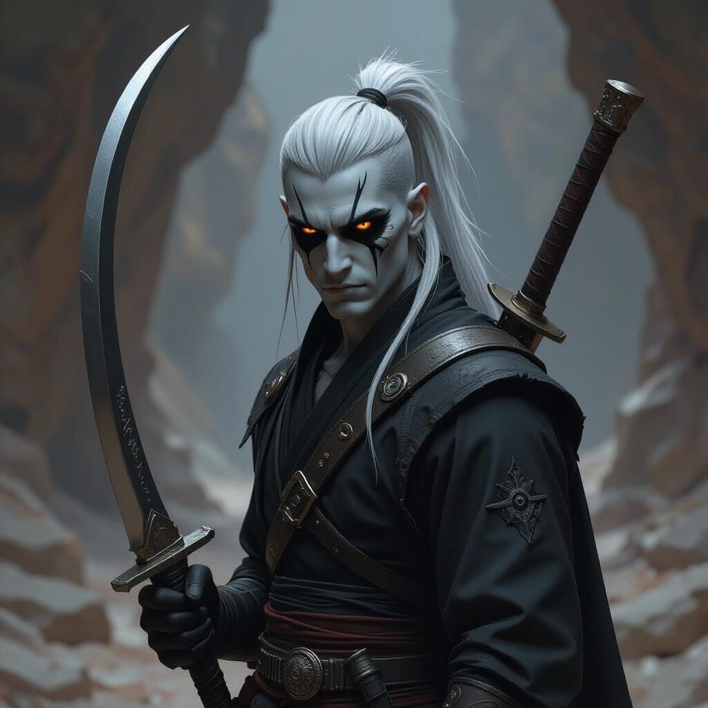 Shadar-kai Fighter Portrait With Scimitar in Dark Fantasy St...