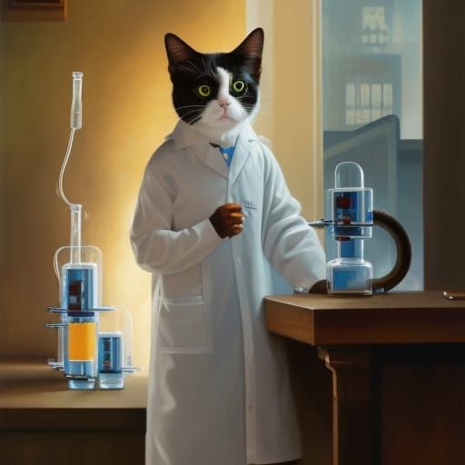 Evil Mad Scientist Cat in Laboratory: Hyperdetailed Portrait