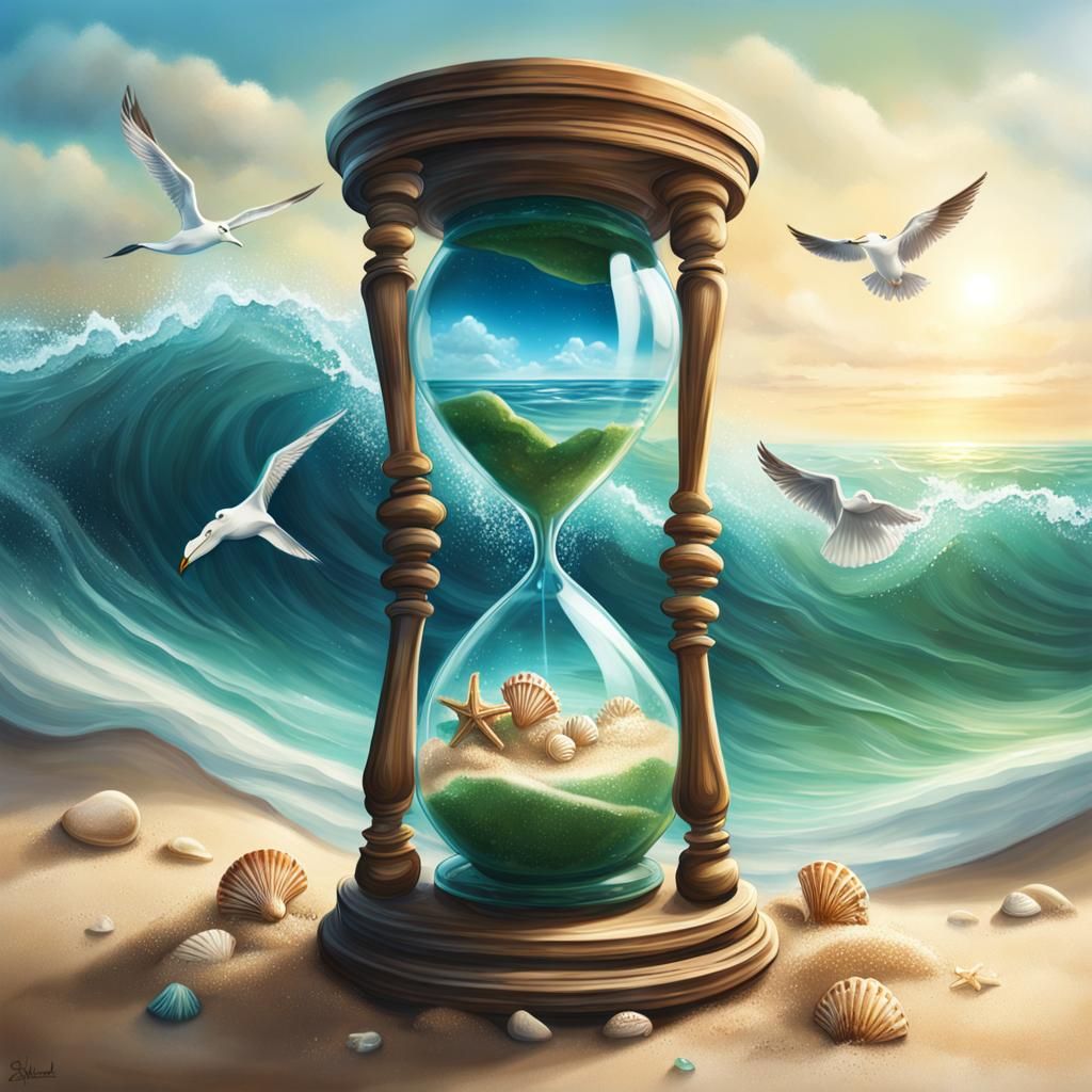 Hourglass on Sandy Beach in Splash Art Style