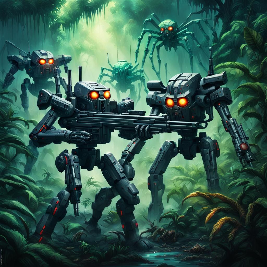 Jungle Mecha Team Fight Giant Spiders: Sci-Fi Illustration