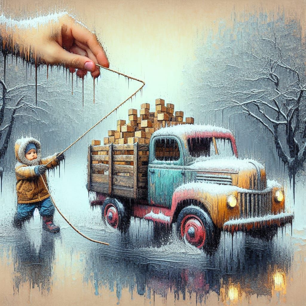 Vintage Toy Truck: Oil on Water Surface