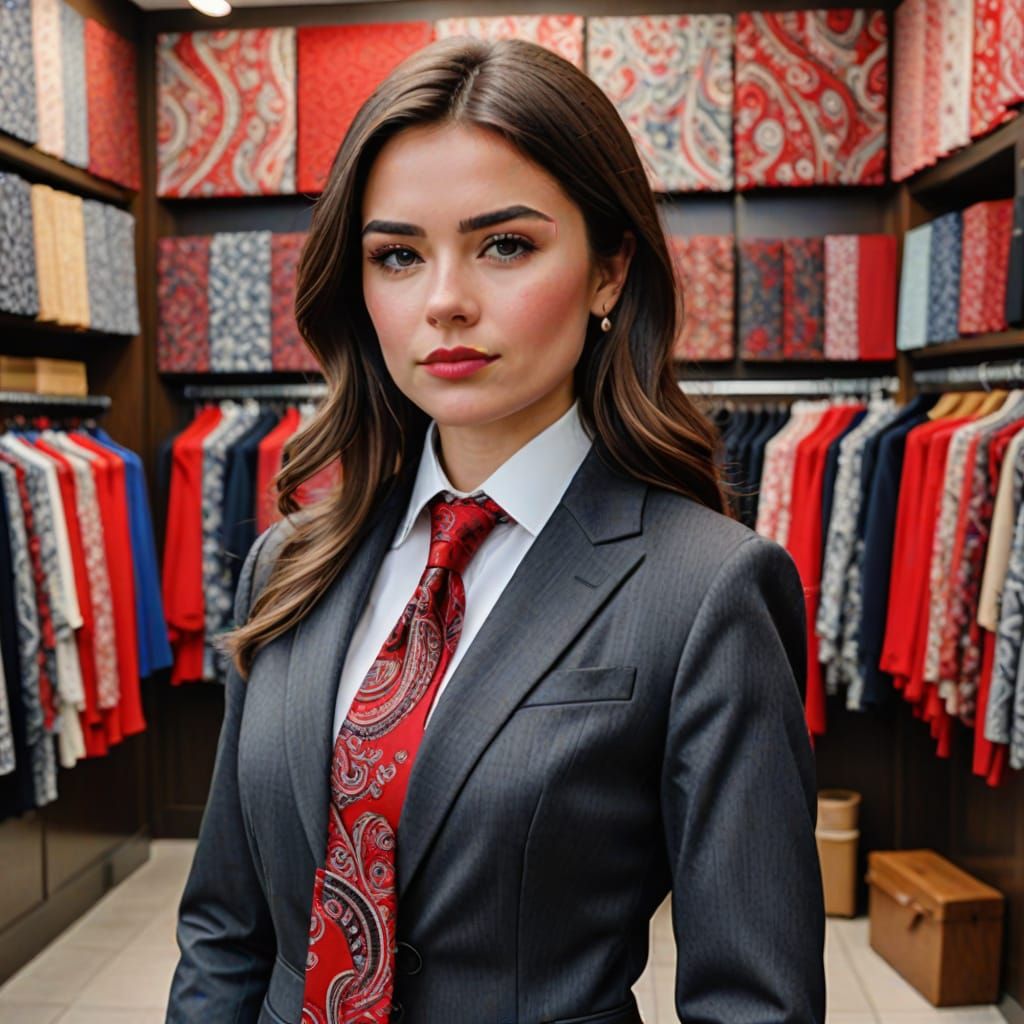 Formal Businesswoman in Paisley Tie in Front of Scarf Shop