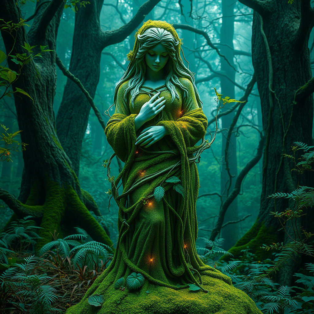 Mystical Woman Statue Reclaimed by Forest