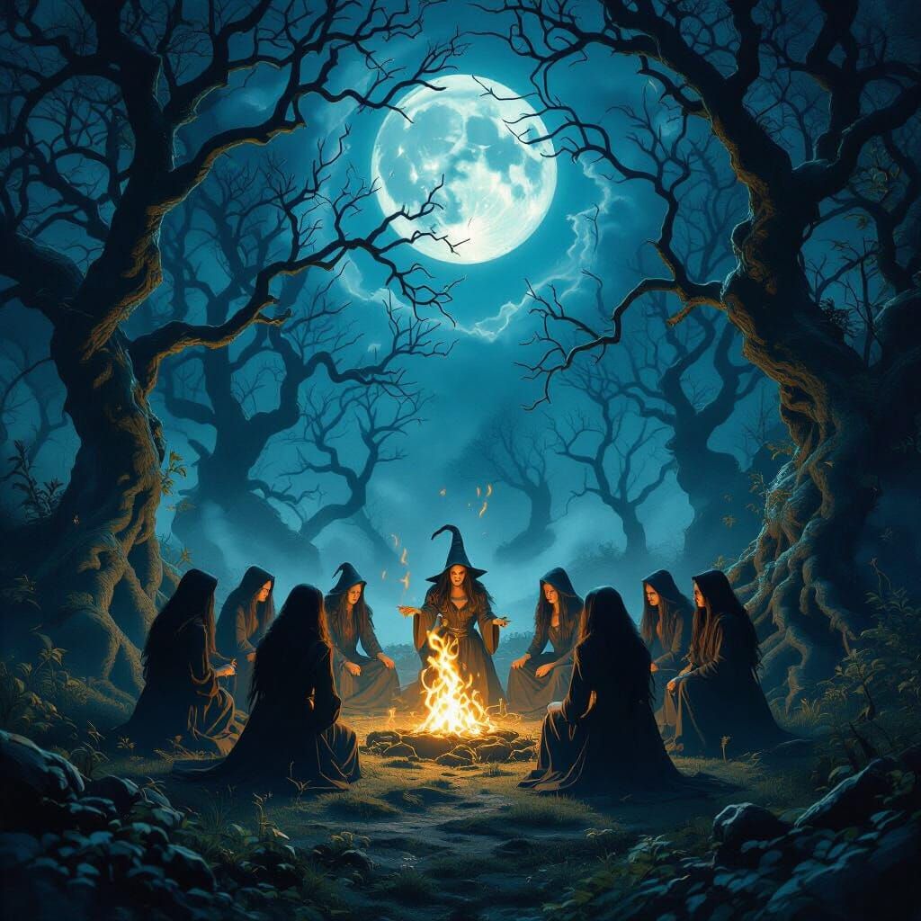 Witches Ritual in Enchanted Forest Under Moonlight