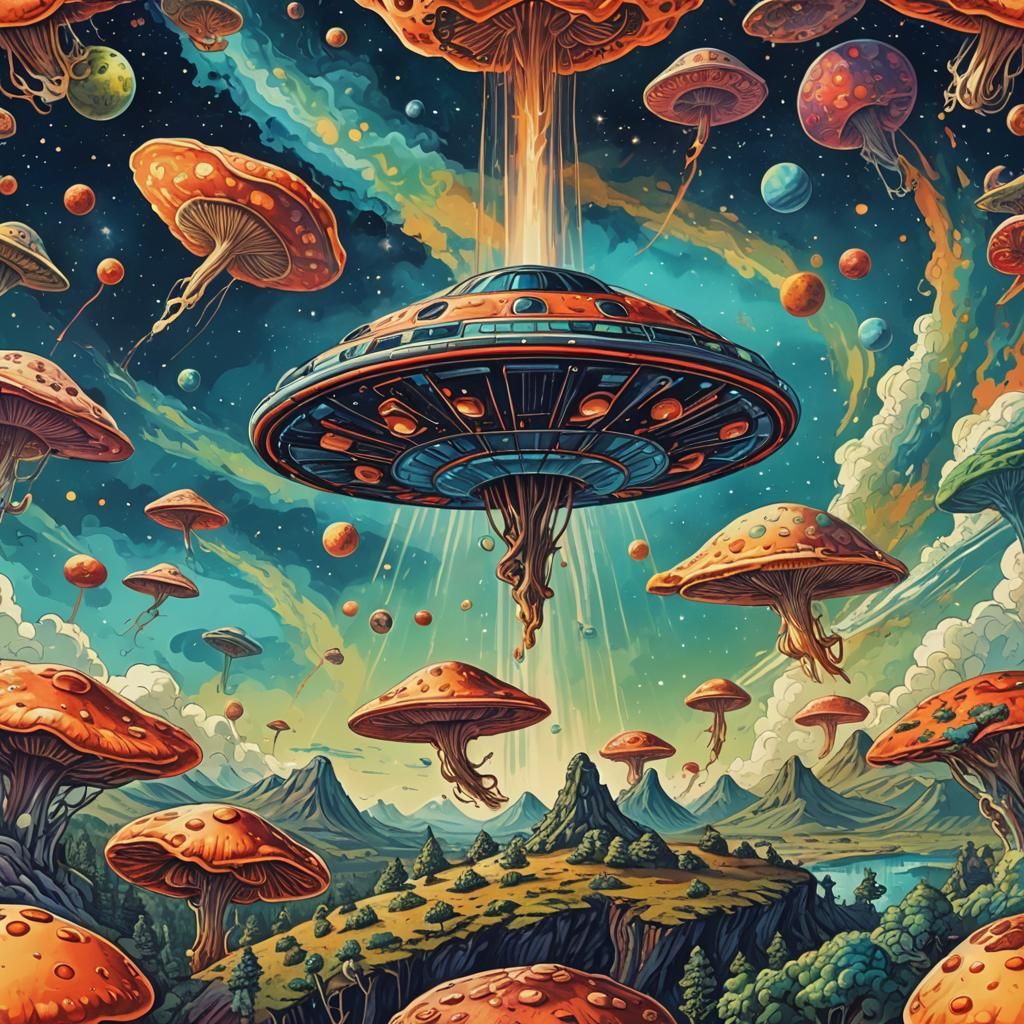 Psychedelic Mushroom UFO Over Earth: Abstract Art