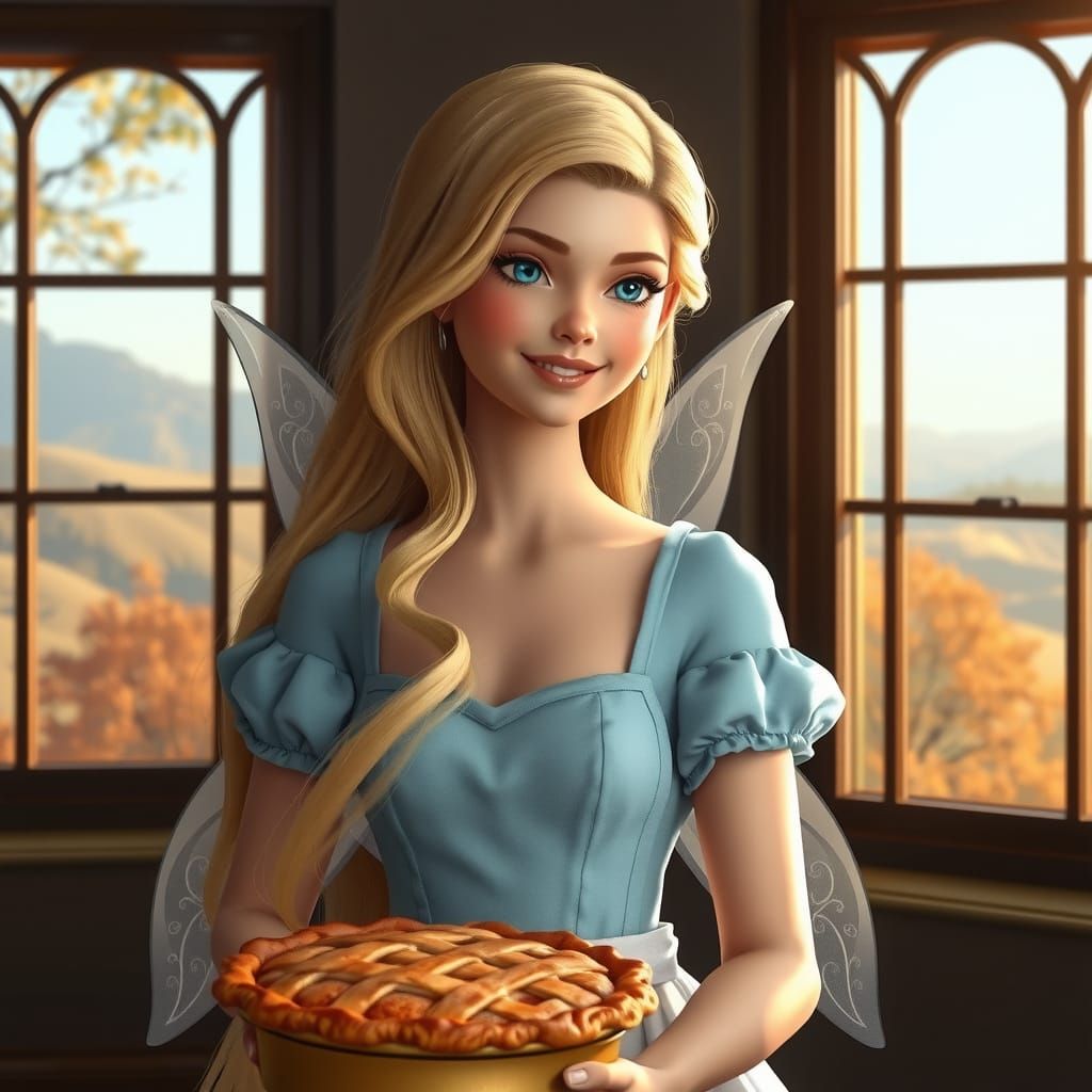 Blue Fairy in Autumn Landscape with Apple Pie