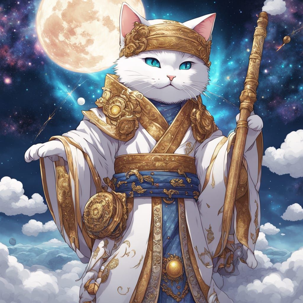 Golden Goddess Maneki Neko Stands on Celestial Clouds