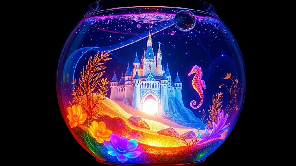 Neon Bioluminated Hyperrealistic Fishbowl in Hyperdynamic Li...