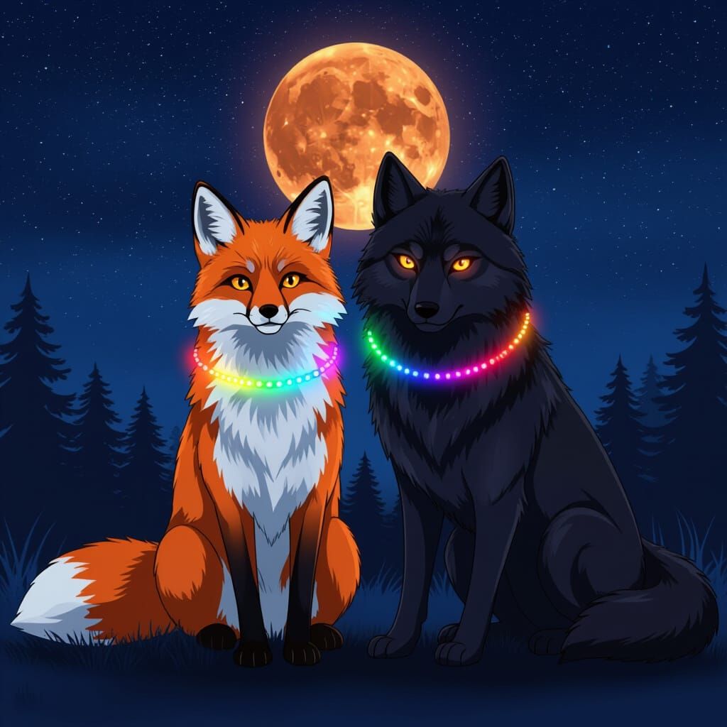 Fox and Wolf with Rainbow Collars Under Blood Moon