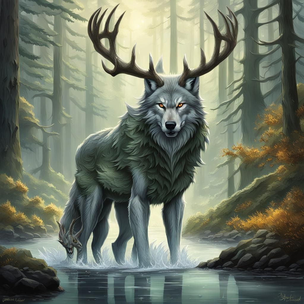 Antlered Wolf Summons Forest Spirits in Anime Style