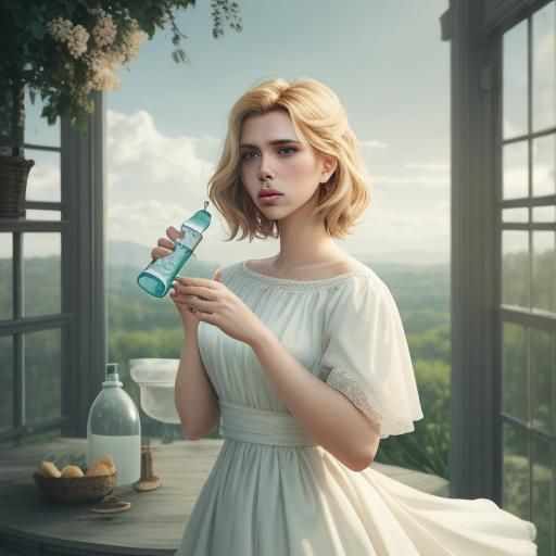 SCARLETT JOHANSSON in a modest dress, A BOTTLE OF LIQUID SOA...